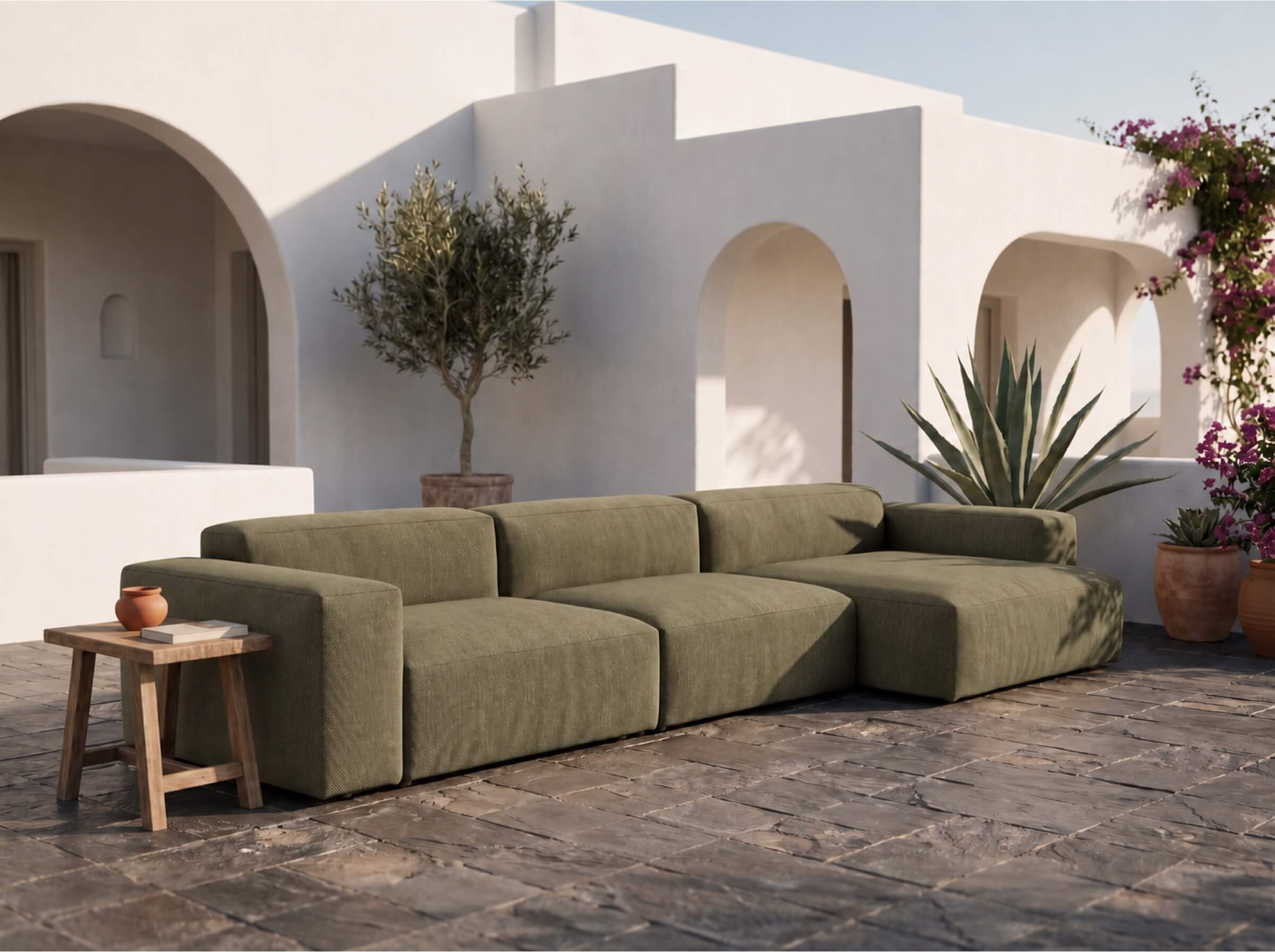 Modulares Outdoorsofa Moduvano One 3-teilig mit Longchair | 438 cm - Palma 616